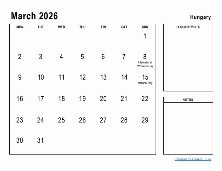 March 2026 Printable Monthly Calendar with Hungary Holidays