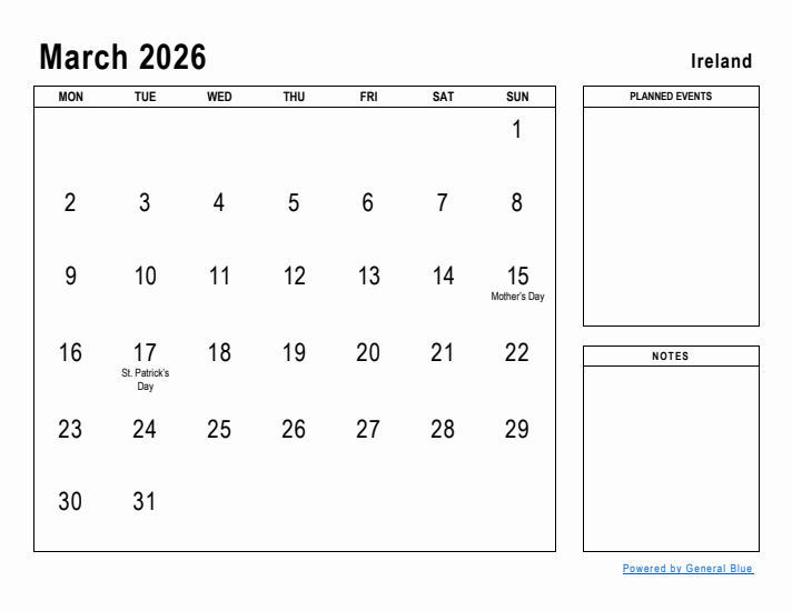 March 2026 Printable Monthly Calendar with Ireland Holidays