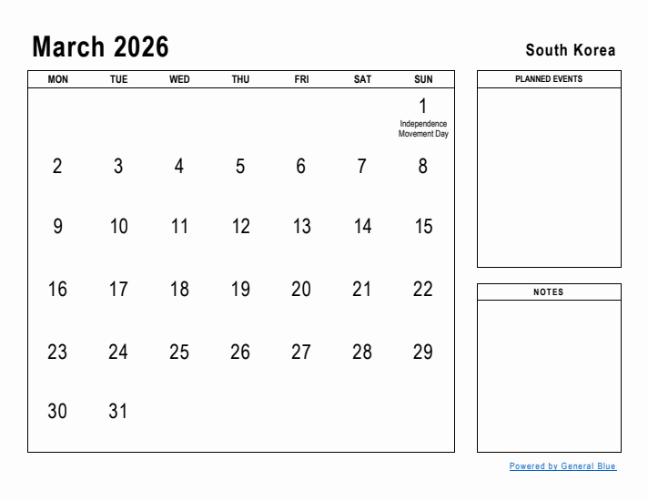 March 2026 Printable Monthly Calendar with South Korea Holidays