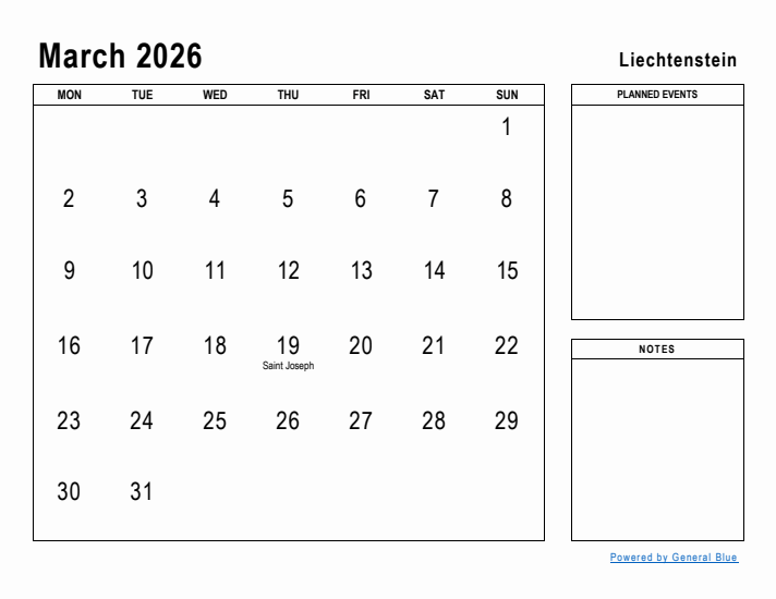 March 2026 Printable Monthly Calendar with Liechtenstein Holidays