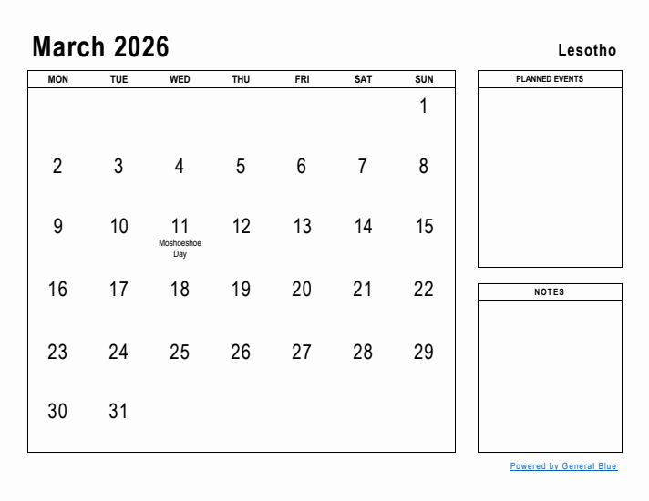 March 2026 Printable Monthly Calendar with Lesotho Holidays