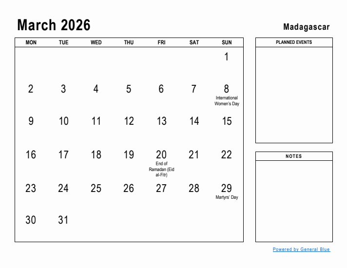 March 2026 Printable Monthly Calendar with Madagascar Holidays