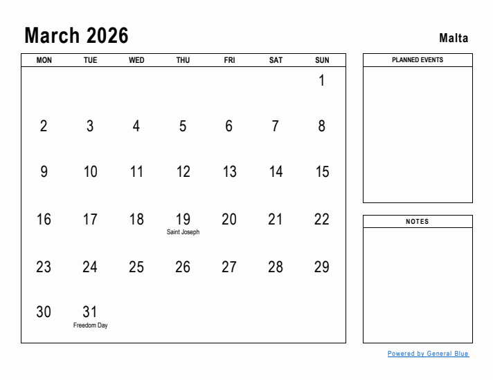 March 2026 Printable Monthly Calendar with Malta Holidays