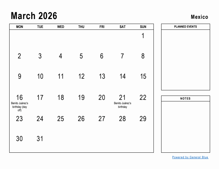 March 2026 Printable Monthly Calendar with Mexico Holidays