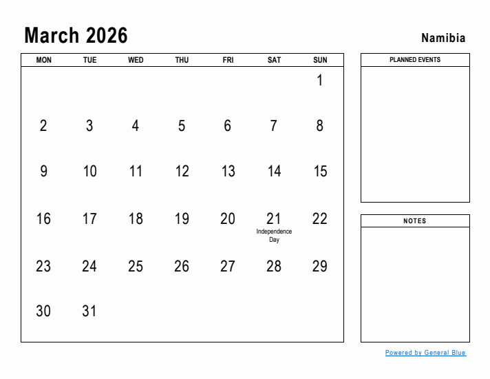 March 2026 Printable Monthly Calendar with Namibia Holidays