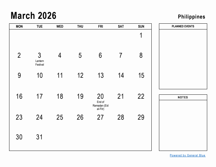 March 2026 Printable Monthly Calendar with Philippines Holidays