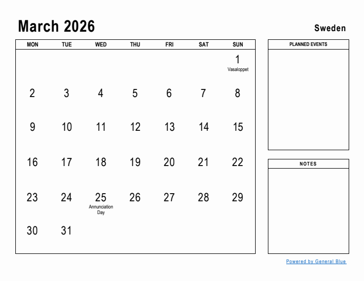 March 2026 Printable Monthly Calendar with Sweden Holidays