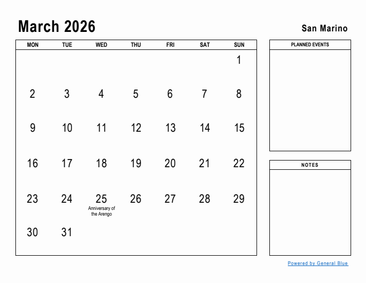 March 2026 Printable Monthly Calendar with San Marino Holidays