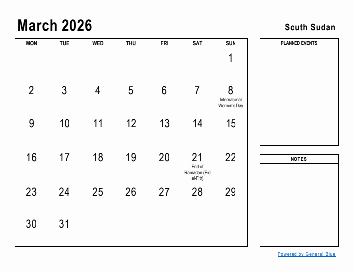 March 2026 Printable Monthly Calendar with South Sudan Holidays