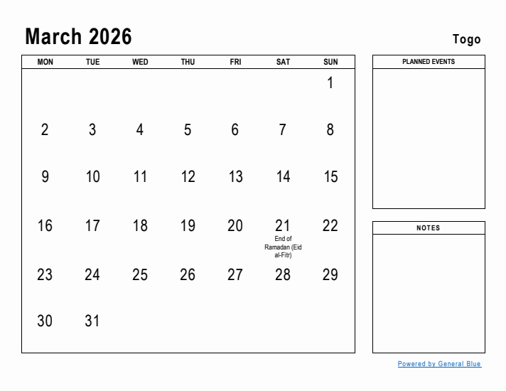 March 2026 Printable Monthly Calendar with Togo Holidays