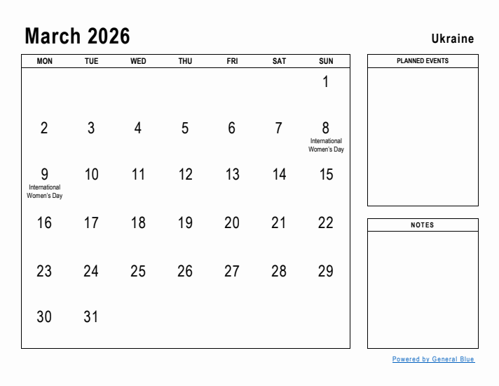 March 2026 Printable Monthly Calendar with Ukraine Holidays