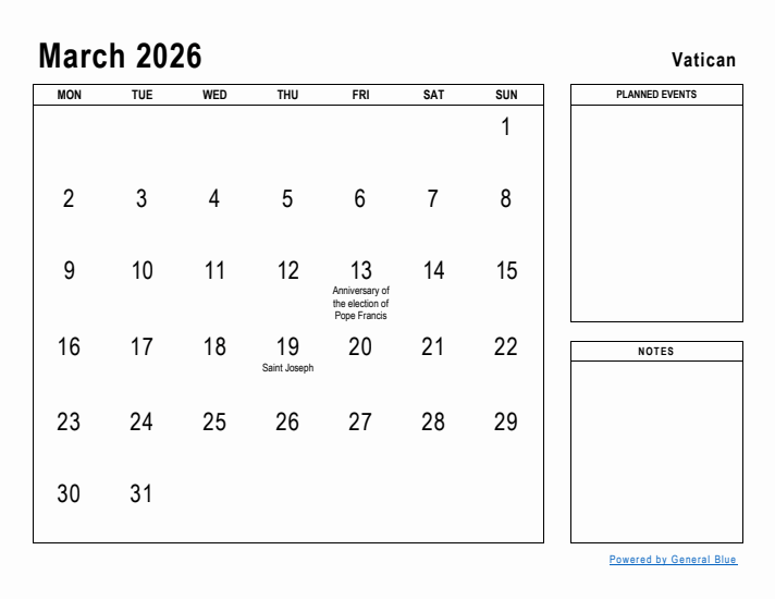 March 2026 Printable Monthly Calendar with Vatican Holidays