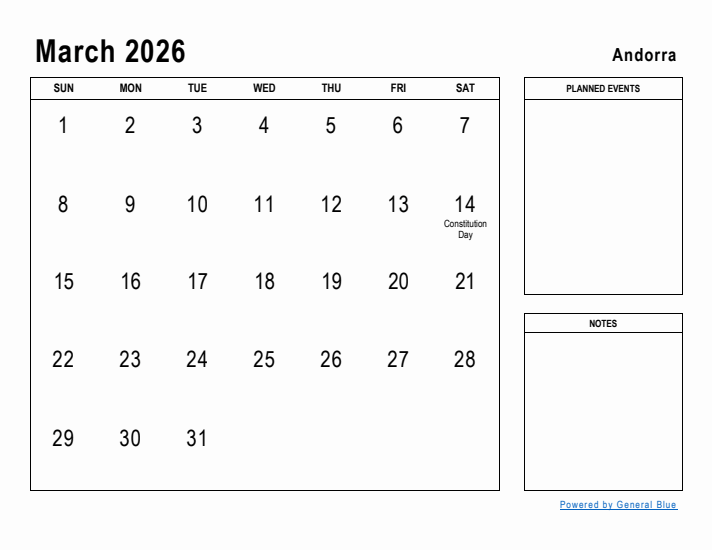 March 2026 Printable Monthly Calendar with Andorra Holidays