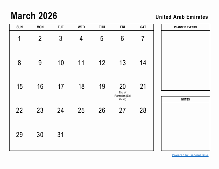 March 2026 Printable Monthly Calendar with United Arab Emirates Holidays