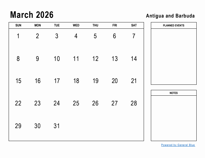 March 2026 Printable Monthly Calendar with Antigua and Barbuda Holidays