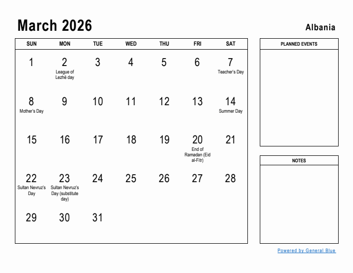 March 2026 Printable Monthly Calendar with Albania Holidays