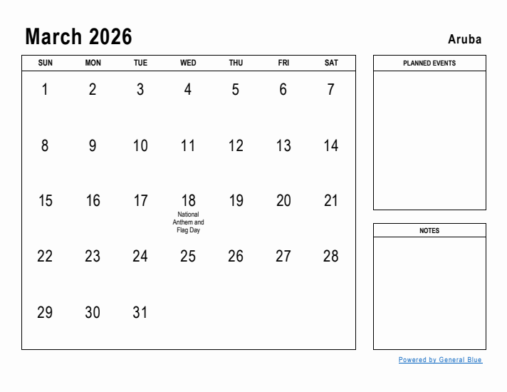 March 2026 Printable Monthly Calendar with Aruba Holidays