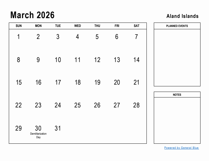 March 2026 Printable Monthly Calendar with Aland Islands Holidays