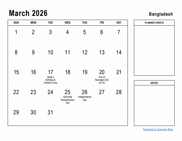 March 2026 Printable Monthly Calendar with Bangladesh Holidays