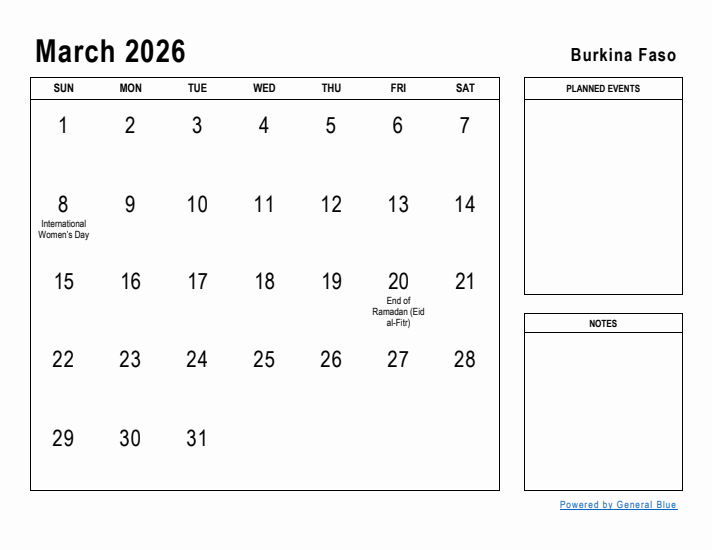 March 2026 Printable Monthly Calendar with Burkina Faso Holidays