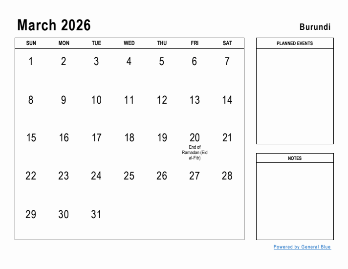 March 2026 Printable Monthly Calendar with Burundi Holidays