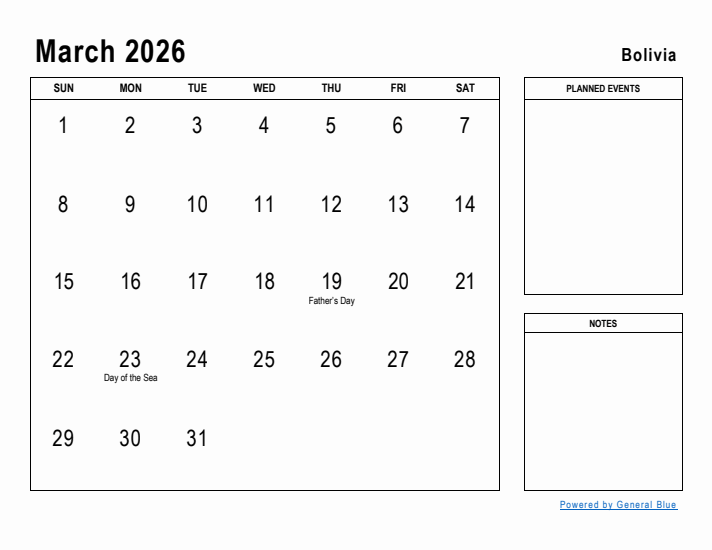 March 2026 Printable Monthly Calendar with Bolivia Holidays