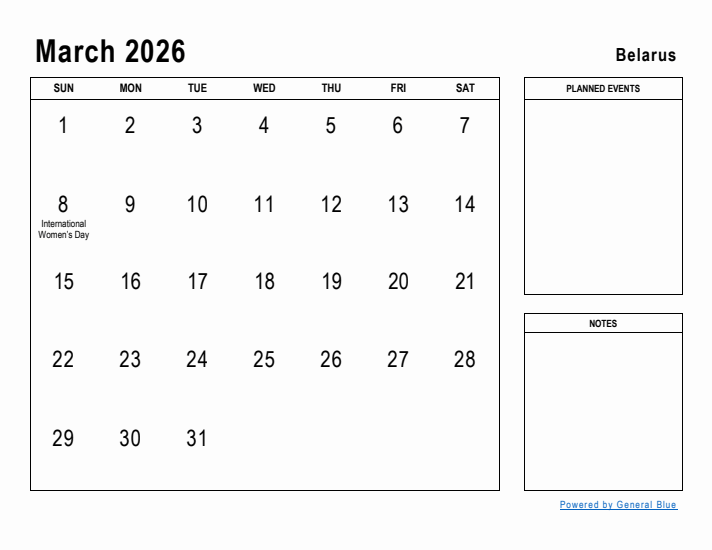 March 2026 Printable Monthly Calendar with Belarus Holidays