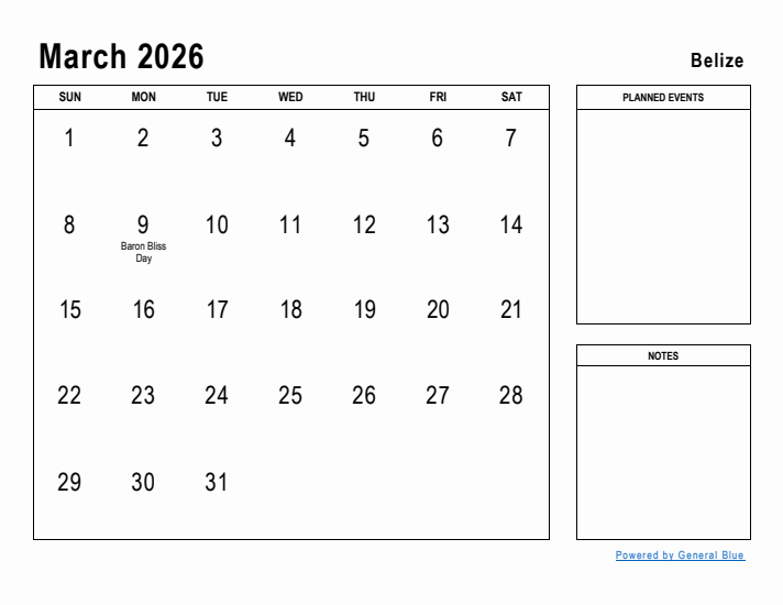 March 2026 Printable Monthly Calendar with Belize Holidays