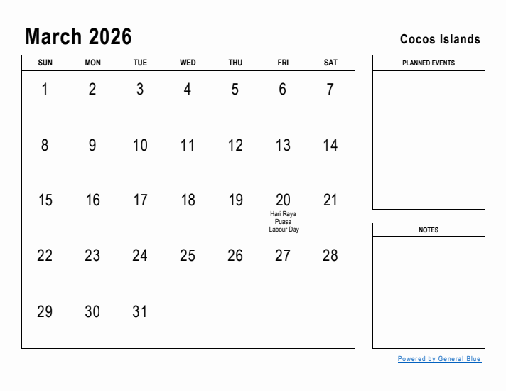 March 2026 Printable Monthly Calendar with Cocos Islands Holidays