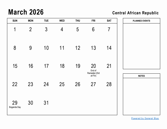 March 2026 Printable Monthly Calendar with Central African Republic Holidays