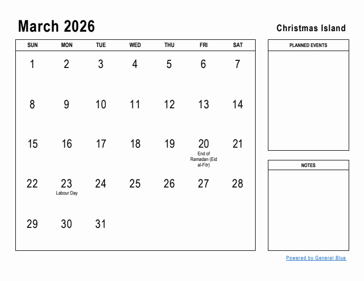 March 2026 Printable Monthly Calendar with Christmas Island Holidays