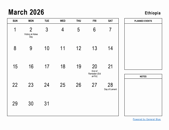 March 2026 Printable Monthly Calendar with Ethiopia Holidays