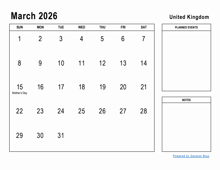 March 2026 Printable Monthly Calendar with United Kingdom Holidays