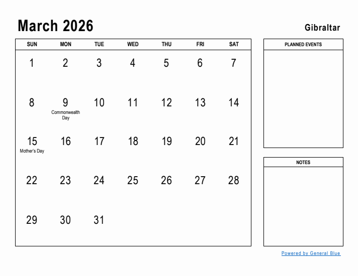 March 2026 Printable Monthly Calendar with Gibraltar Holidays