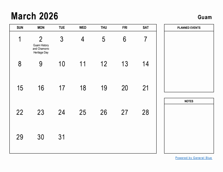 March 2026 Printable Monthly Calendar with Guam Holidays