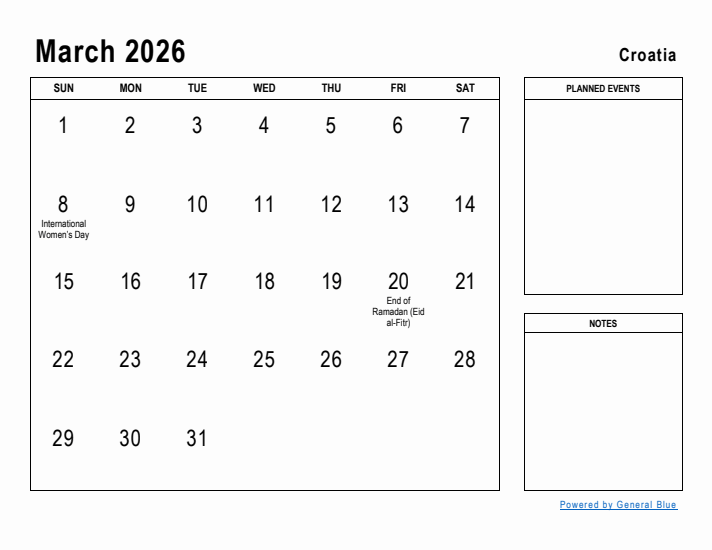 March 2026 Printable Monthly Calendar with Croatia Holidays