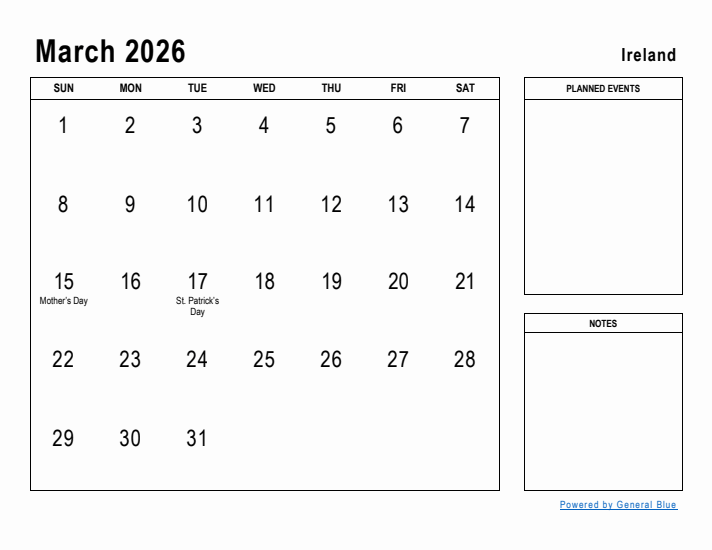 March 2026 Printable Monthly Calendar with Ireland Holidays