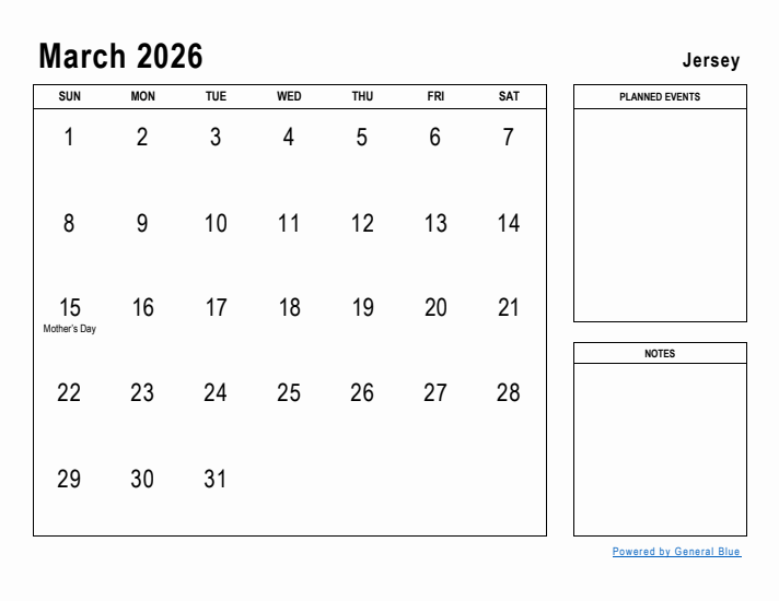 March 2026 Printable Monthly Calendar with Jersey Holidays