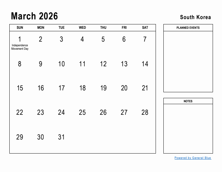 March 2026 Printable Monthly Calendar with South Korea Holidays