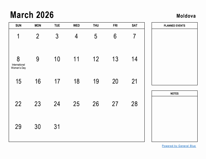 March 2026 Printable Monthly Calendar with Moldova Holidays