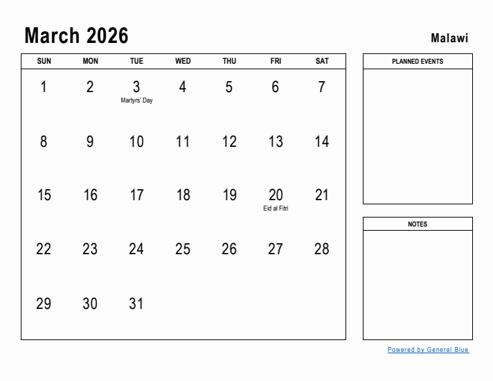 March 2026 Printable Monthly Calendar with Malawi Holidays