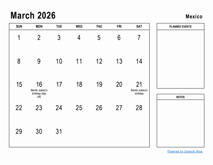 March 2026 Printable Monthly Calendar with Mexico Holidays