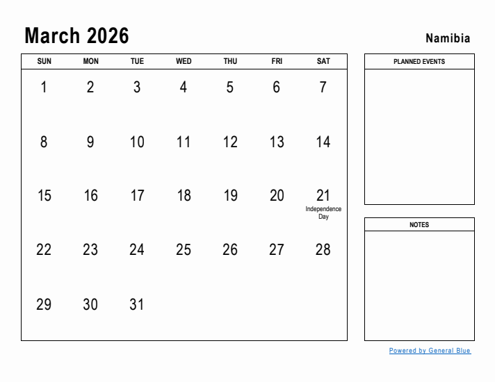 March 2026 Printable Monthly Calendar with Namibia Holidays