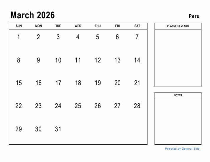 March 2026 Printable Monthly Calendar with Peru Holidays