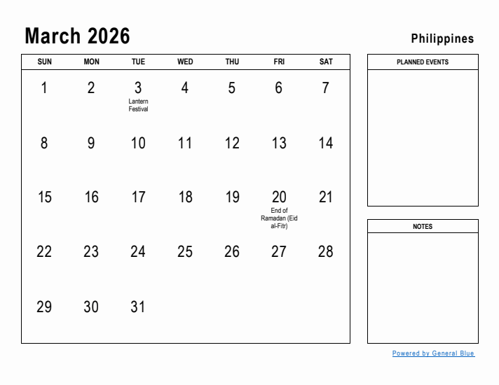 March 2026 Printable Monthly Calendar with Philippines Holidays