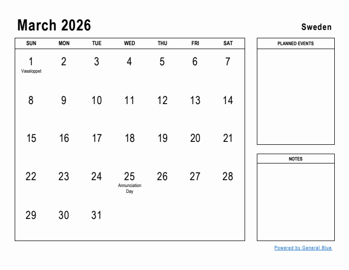 March 2026 Printable Monthly Calendar with Sweden Holidays