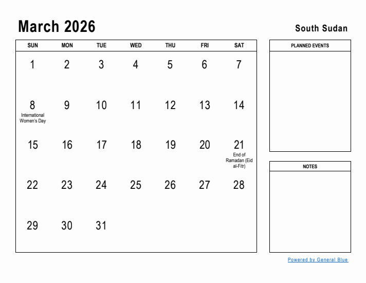 March 2026 Printable Monthly Calendar with South Sudan Holidays