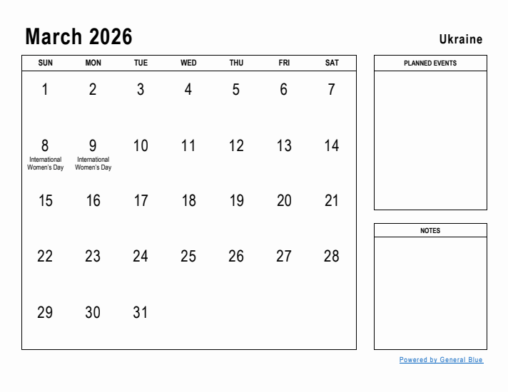 March 2026 Printable Monthly Calendar with Ukraine Holidays