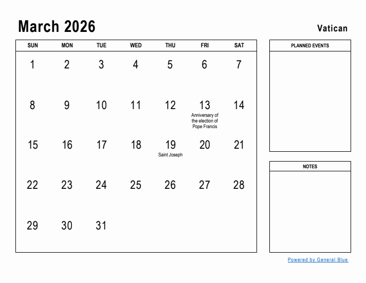 March 2026 Printable Monthly Calendar with Vatican Holidays