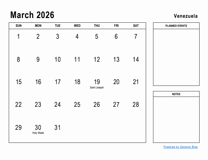 March 2026 Printable Monthly Calendar with Venezuela Holidays